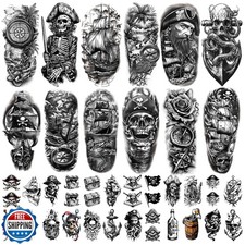 77 Sheets Pirate Skull Temporary Tattoo for Women Men, 17 Sheets Half Arm Lar