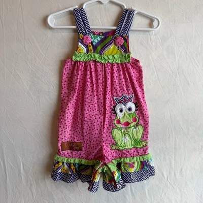 Millie Jay Girls Pink Polka Dot Frog Applique Ruffle Romper