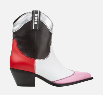 MSGM women s red pink white silver cowboy western leather ankle boots new