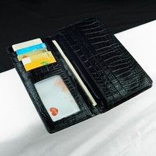 Real Double Sided Crocodile Black Leather Long Wallet Bifold RFID Blocking