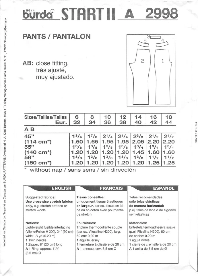 Burda Sewing Pattern # 2998 Misses' Close-Fitting Pants Size: 6-12 - Image 2 of 2
