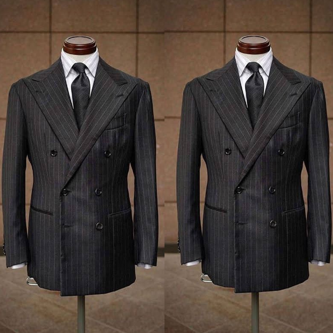 Black Striped Peak Lapel Double Breasted Mens Wedding Tuxedo Suit