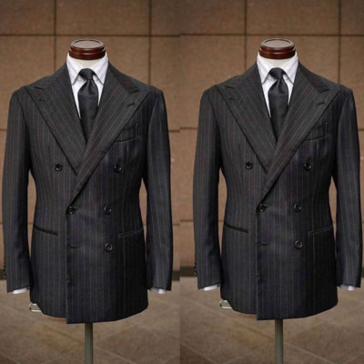 Black Striped Men's Suits Peak Lapel Double Breasted Formal Wedding Groom Tuxedo