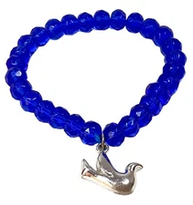 Charm Bracelet Dove Bird Blue Glass Bead Stretch Peace Love Hope Symbol Artisan