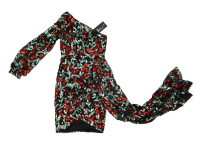 Missord Floral One Shoulder Draped Mini Dress XJ1387 Sequin Black Green Womens S
