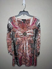 Style & Co. Womens XLarge Red Paisley 3/4 Sleeve V-Neck Tunic Top