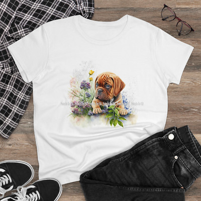 Dogue de Bordeaux French Mastiff Puppy Watercolor Floral Art #2 Ladies T Shirt