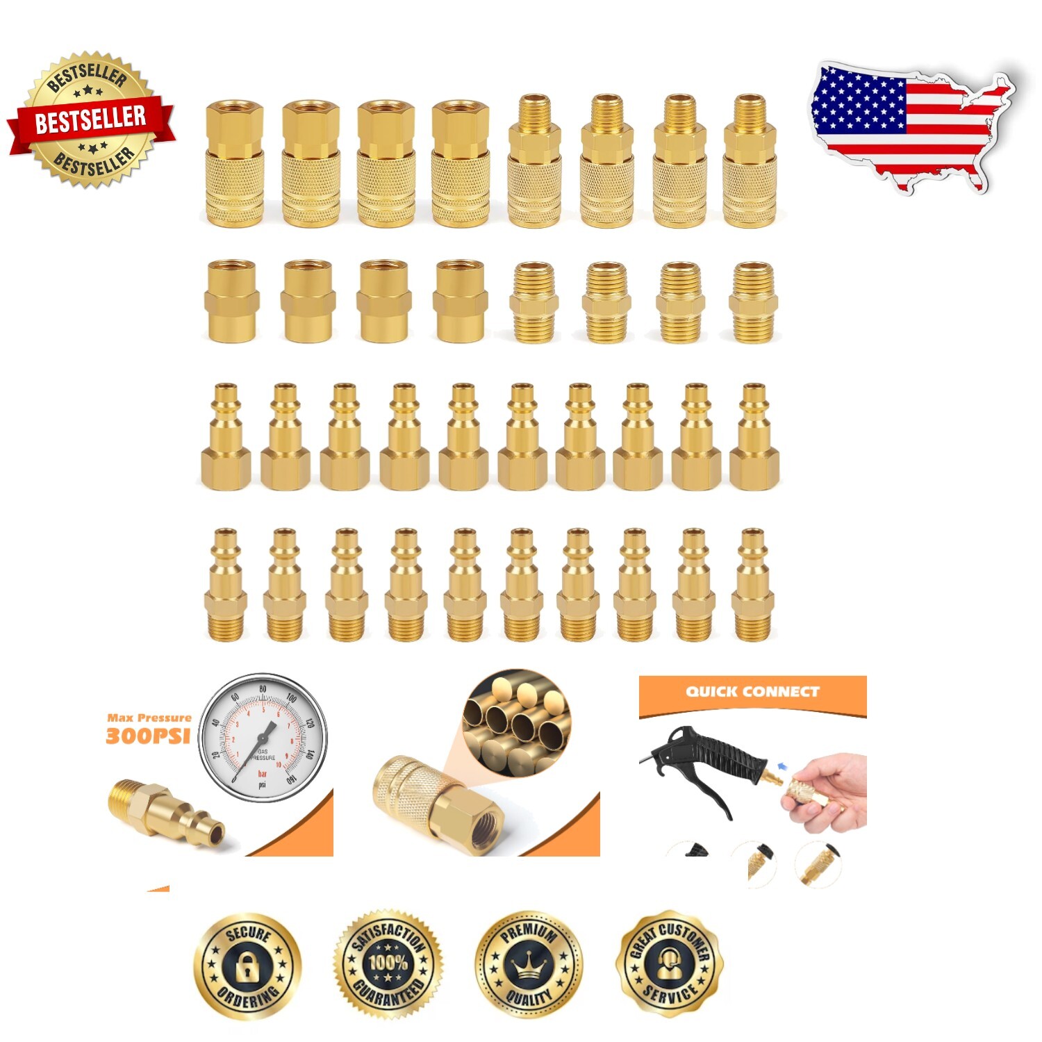 36-Piece Brass Air Coupling Set with Heavy-Duty 1/4