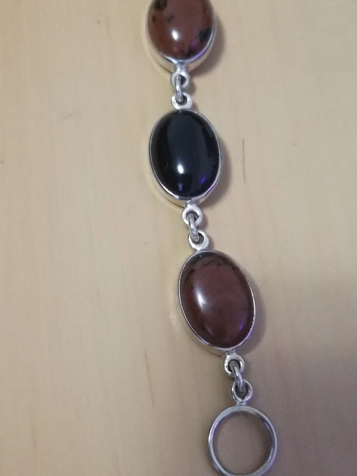 Pulsera Taxco Plata .925 Con Caoba Obsidiana Y Jet Vintage/Fincabilidad Foto 4 de 4