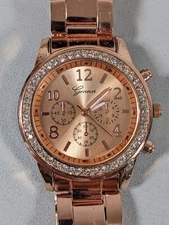 Geneva Platinum Rose Gold Tone Crystal Accent Link Bracelet Band Watch 7.5 inch