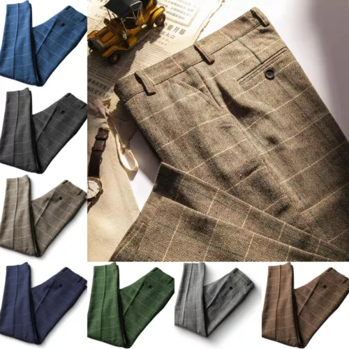 Men's Tweed Herringbone Dress Pants Plaid Classic Fit Adjustable Trousers 26-44 - Picture 2 of 19
