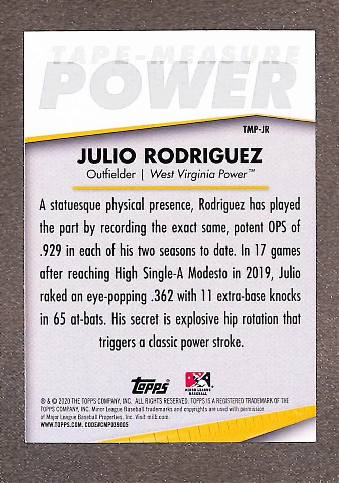 2020 Julio Rodriguez Rookie Rc Topps Pro Debut Tape-Measure Power Insert #TMP-JR - Image 2 of 3