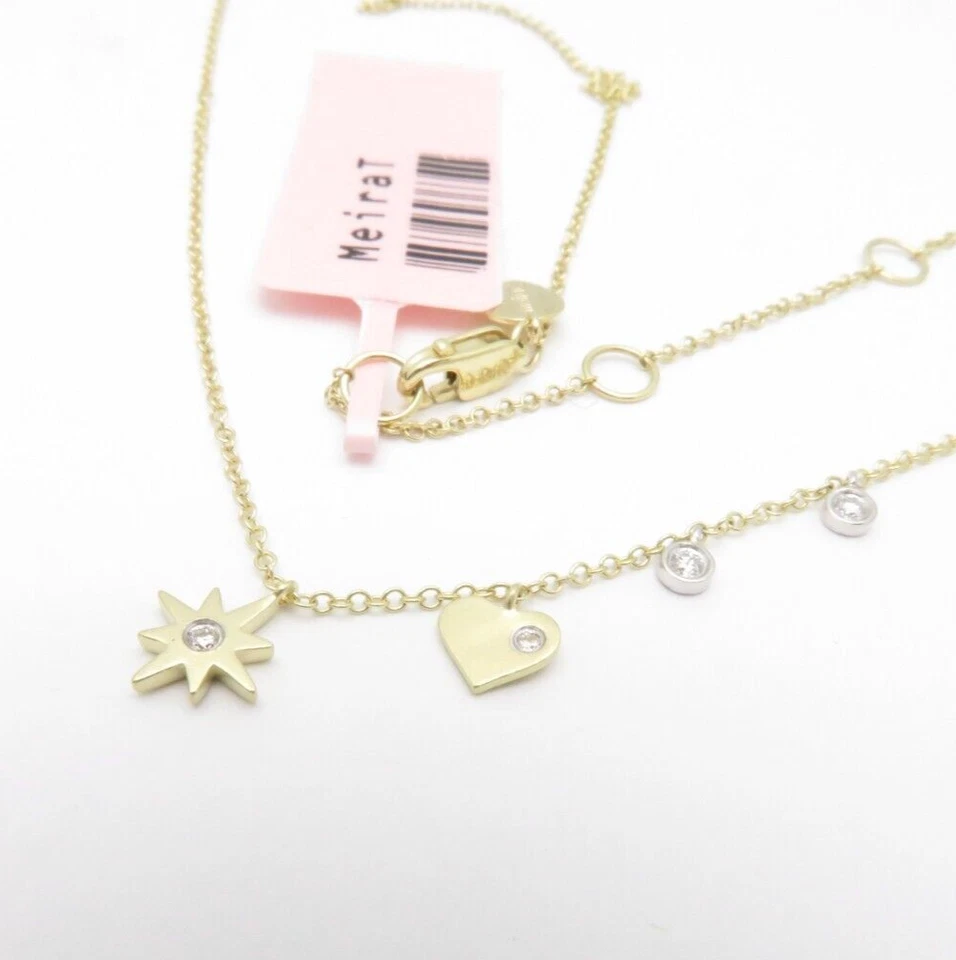 14K SOLID YELLOW WHITE GOLD NATURAL DIAMOND DANGLE DROP NECKLACE MeiraT  Dainty - Image 3 of 4