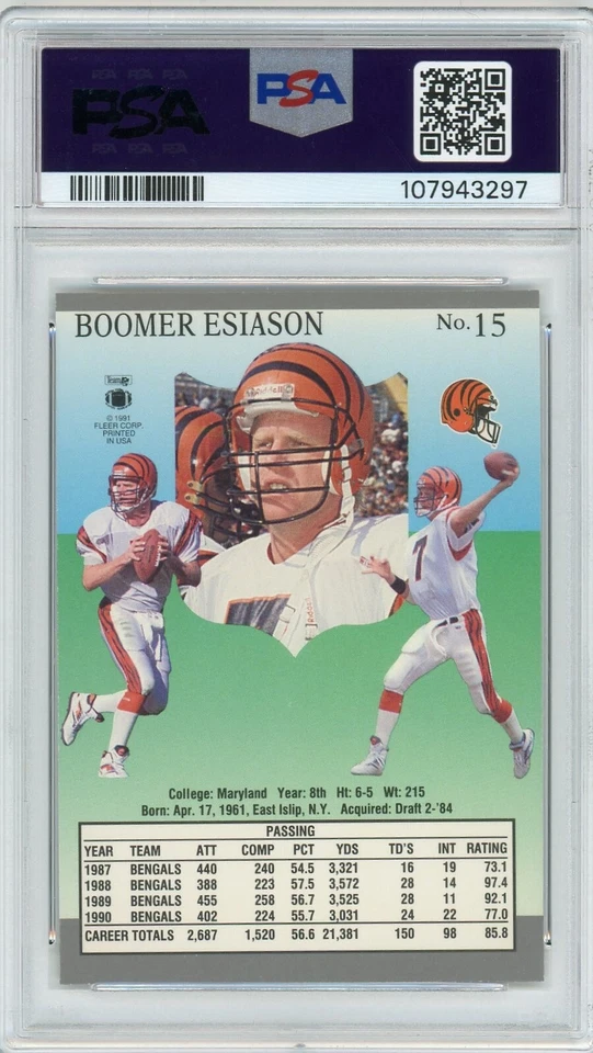 PSA 9 1991 Fleer Ultra Football Boomer Esiason #15 - Cincinnati Bengals - Image 2 of 3
