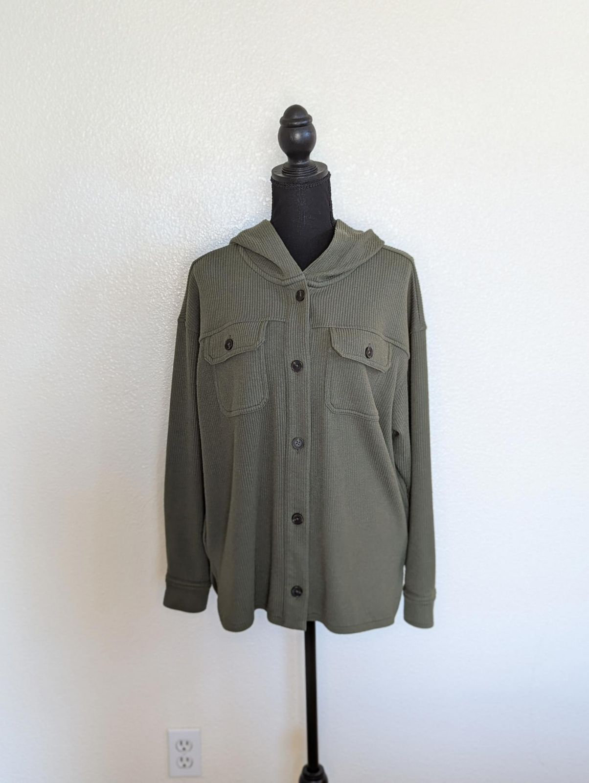 Time & Tru Womens Green Ribbed Hooded Shacket Lightweight & Stylish  