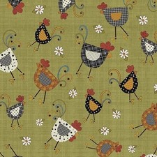 Prairie Chicks Chicken Dance Green Fabric By Benartex- Whimsical Chickens 16754