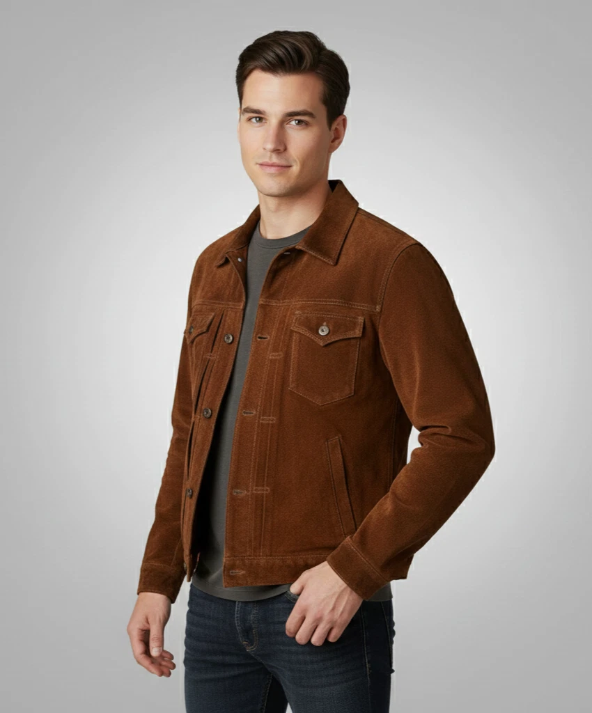 Men Chocolate Brown Sued Leather Jacket - Classic Western Jacket Casual Coat