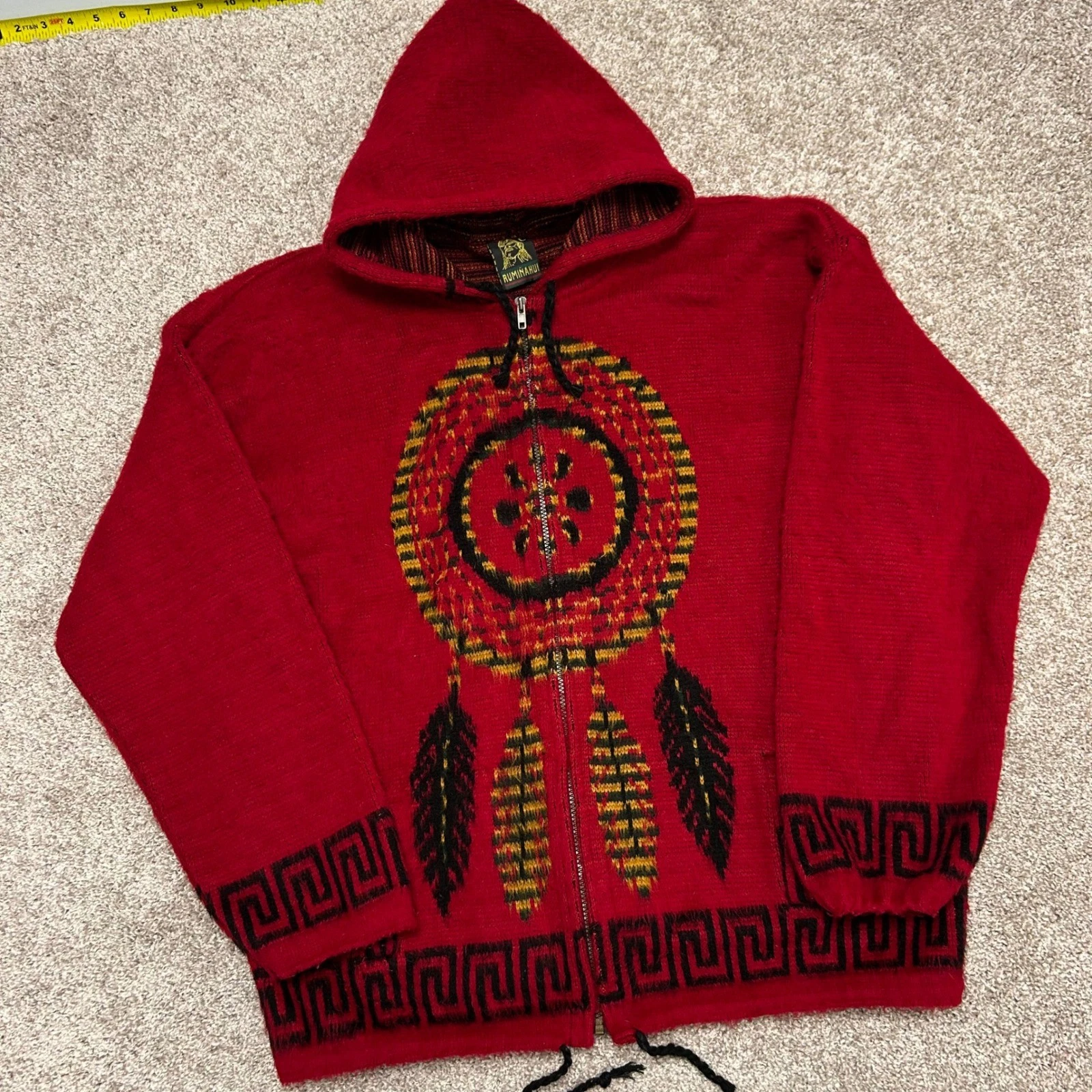 Vintage Ruminahui Full Zip Hooded Sweater Wool Aztec Tribal Men Size Large