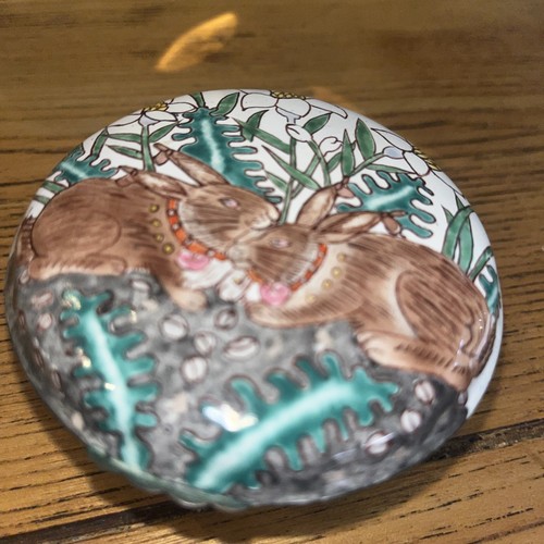  Hand Painted Copper ENAMEL BOX, Rabbits In Iris Floral Garden vtg  chic core 