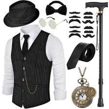 1920s Fancy Dress Mens Stripe Waistcoat with Accessories, Foldable Crutch Tasc...