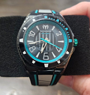 TechnoMarine TM-525007 44mm Quartz Analog  Watch Black/Blue Rubber Strap W/ Box