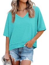 Womens Summer V Neck T Shirts Casual Short Sleeve Flowy Loose Fit Basic Tees Top