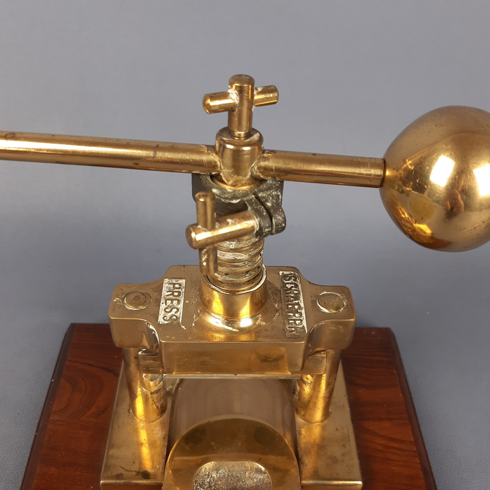 Antique Brass Weighing Scale Schaefer Press On Wooden Base Vintage 60s