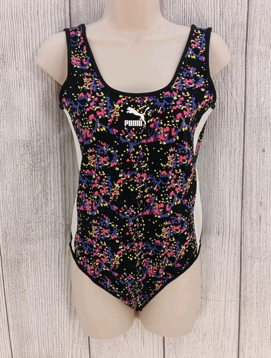 Puma Bodysuit Womens XL All Over Print Black Multi Activewear Performance Gym