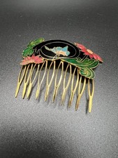 Vintage Black/Multi Colored Flower Butterfly Cloisonn Enameled Hair Comb