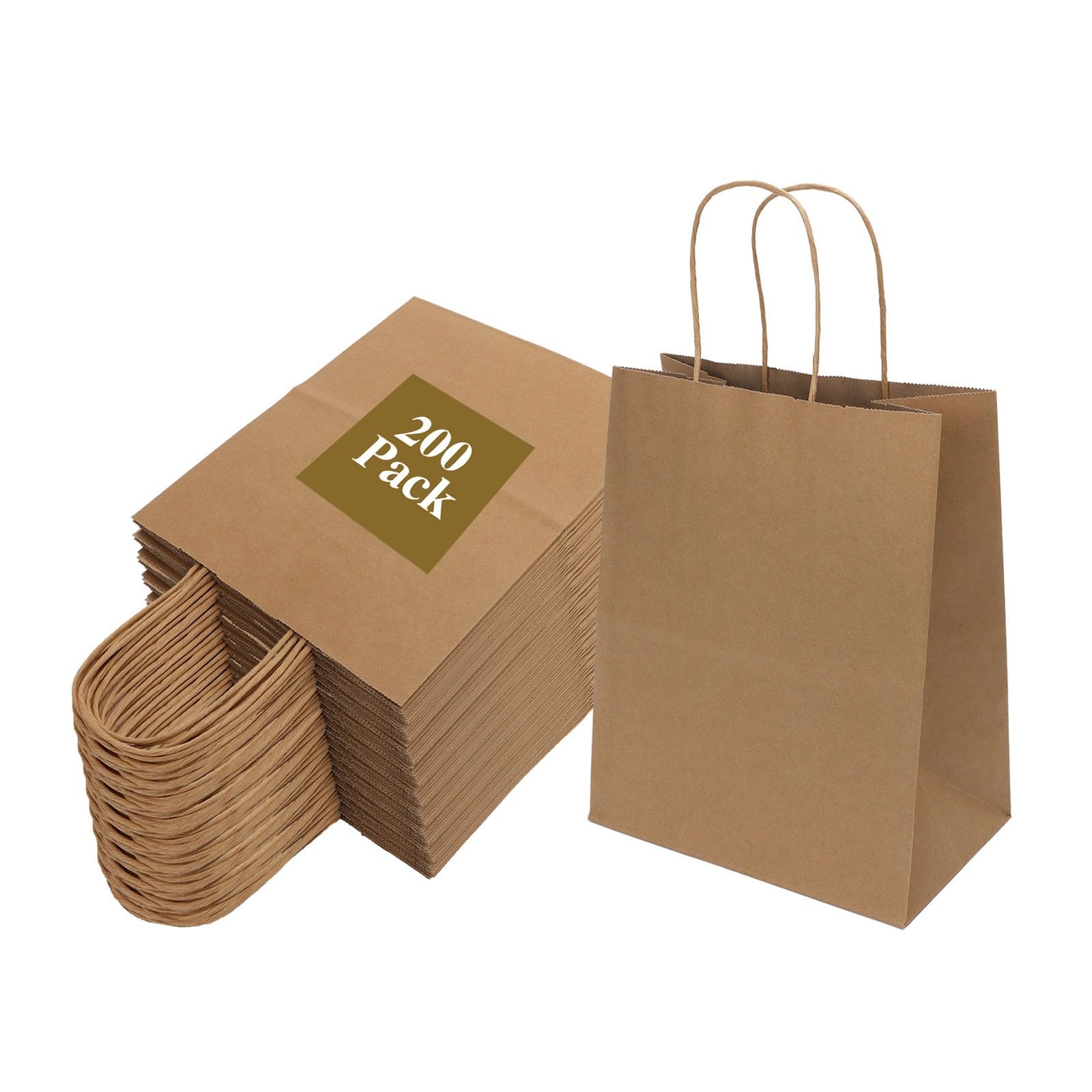200 Pack Medium Brown Kraft Paper Bags with Handles 8x4.75x10 Inch Bulk