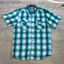 Dixxon Flannel Company Dogtown Shirt Medium Blue White Bamboo Shadow Plaid Mens