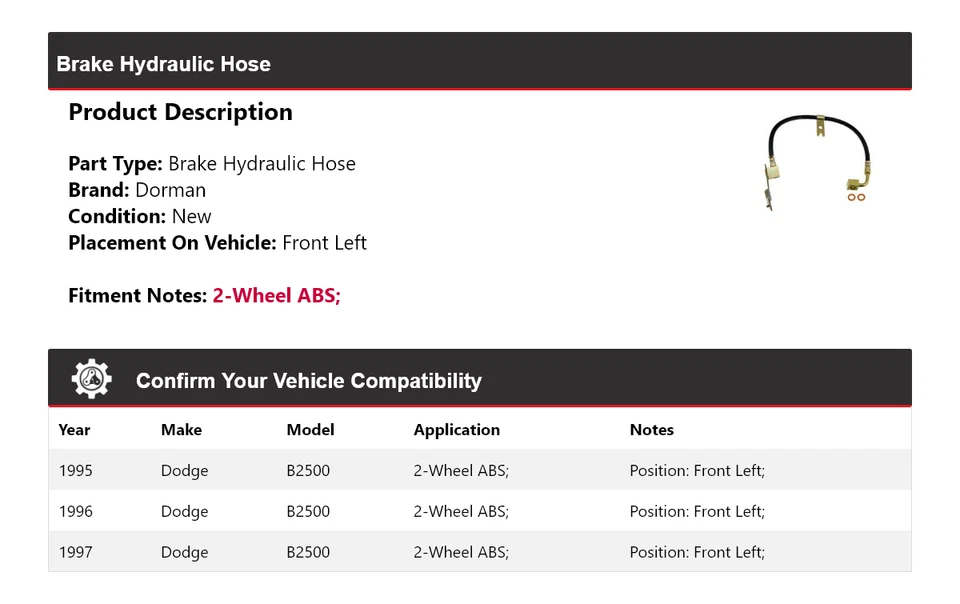 Manguera hidráulica de freno delantera izquierda 1996 para Dodge B2500 Dorman 1995-1997 Foto 2 de 4