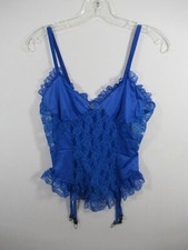 Vintage Nan Flower Lingerie Lace Camisole Medium Blue Garters Nylon Open Bottom