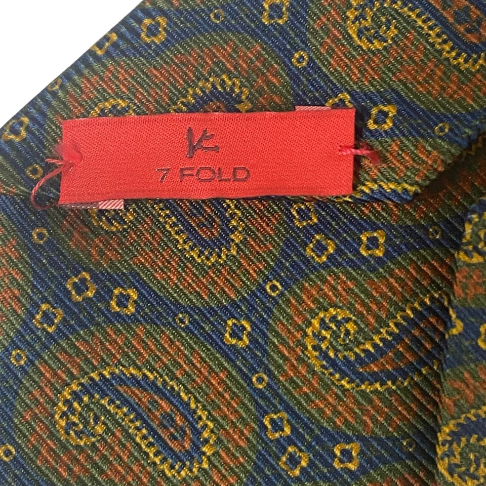 Corbata Isaia Napoli 7 pliegues | Marrón Azul Paisley | Larga | 100 % seda | Italia Foto 4 de 4