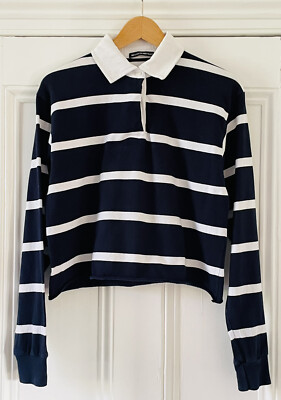 Brandy Melville Womens Teens Navy Blue White Cropped Rugby Shirt - Main Image