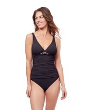 NWT Profile by Gottex Unchain My Heart V-Neck One Piece Swimsuit BLACK