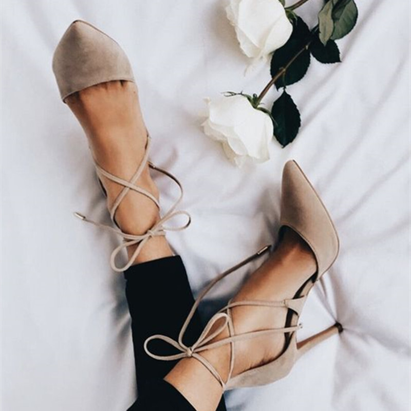 Pointed Toe Closed Toe Lace Up Flats Women Pumps Cross-Tied