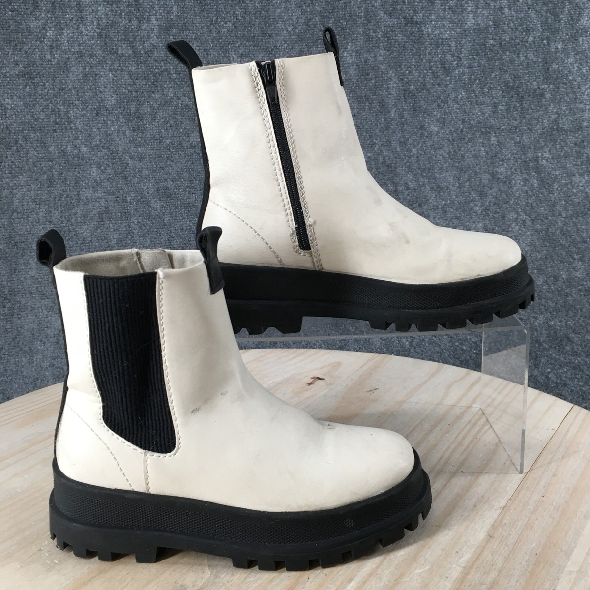 Zara Boots Youth 33 Ankle Chelsea Casual Beige Faux Leather Zipper