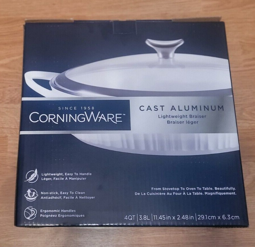 CorningWare 4 Qt. White Cast Aluminum Braiser Baking Dish with Lid