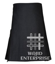 Scottish Men's Traditional Solid Black Wool 8 Yard Kilt - Custom Size Wool Kilts