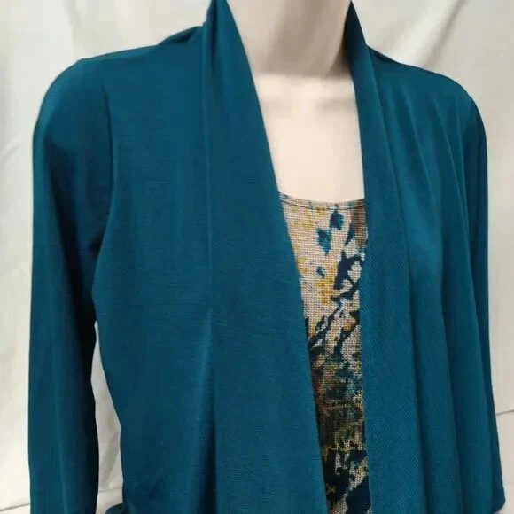 NY Collection Womens Blouse Top Petite Size M Blue Brown Half Sleeve Round Neck - Image 3 of 4