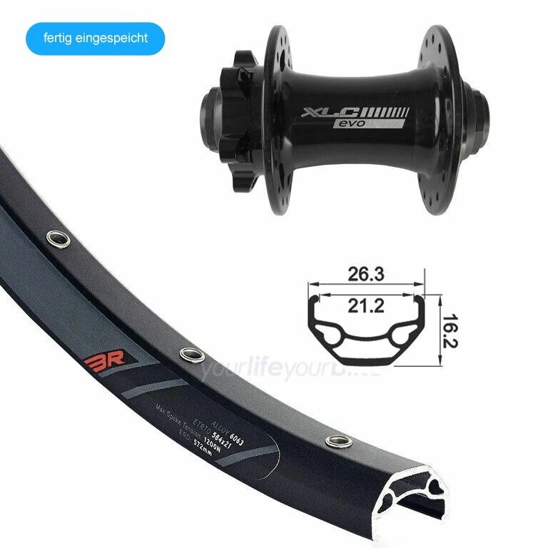 XLC BIKE-PARTS 26" VORDERRAD 15mm STECKACHSE 100㎜ MOUNTAINBIKE 26-559 SCHEIBENBREMSE