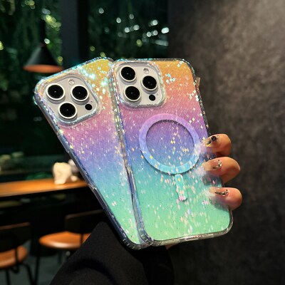 Mag safe Bling Glitter Iridescent Translucent Case fr iPhone 16e 17 ProMax 15 14