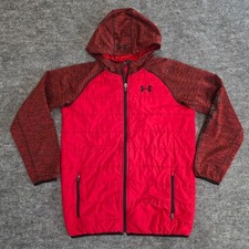 Under Armour Kids Puffer Hooded Jacket Red Black Full Zip ColdGear Size YXL