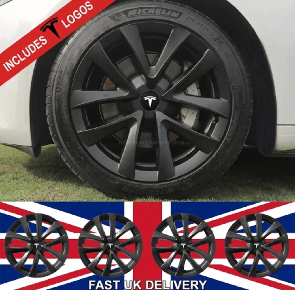 4x Tesla Model 3 2017-2023 ARACHNID 18" Matte Wheel Covers Hub Caps + 4 T Logos