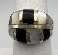 925 Vintage Black Onyx Mother-of-Pearl Silver Domed Ring Size 5.5