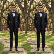 Men's Suits Rhinestone Floral Embroidered 3 Piece Outdoor Wedding Groom Tuxedo