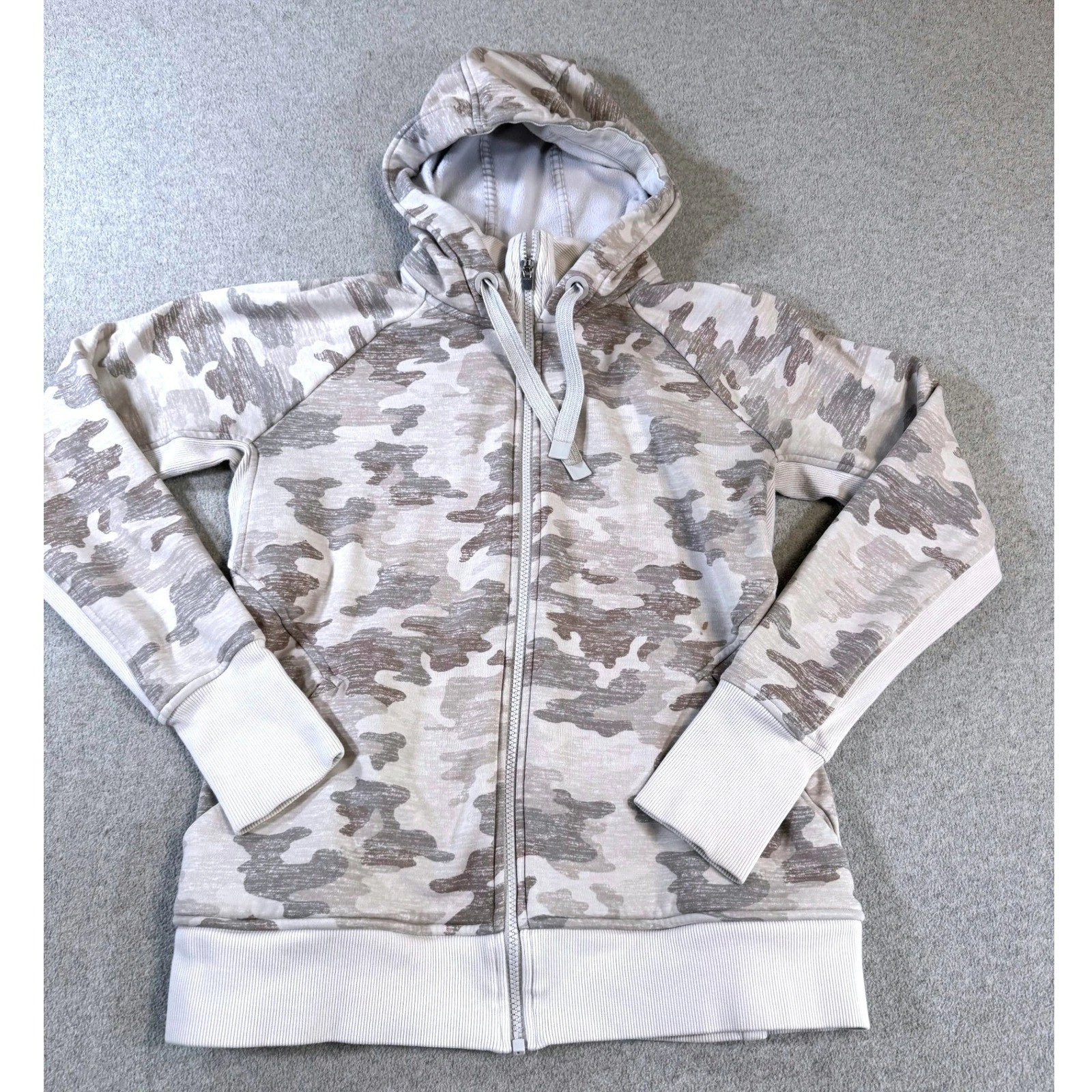 Athleta Camo Full Zip Hoodie Womens Medium Beige Gray Fleece Lined Thumbholes