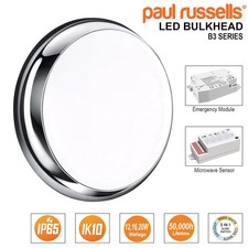 3CCT LED Bulkhead Chrome Bezel, IP65, 12-16-20W, Emergency & Microwave Sensor