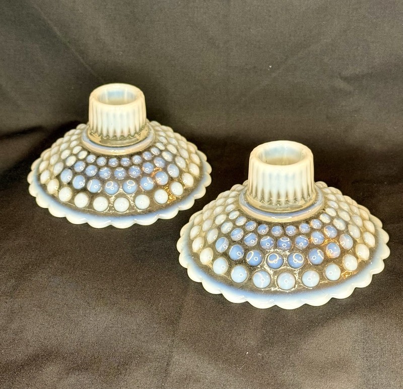 Vintage Hobnail Opalescent Moonstone Glass Cottagecore Candlestick Holder - Pair